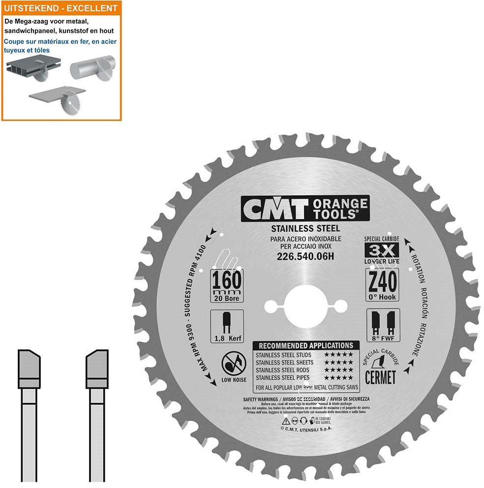 CMT 226.540.06H Trockenschnitt-Sägeblatt für rostfreien Stahl 160 x 20 x 40T