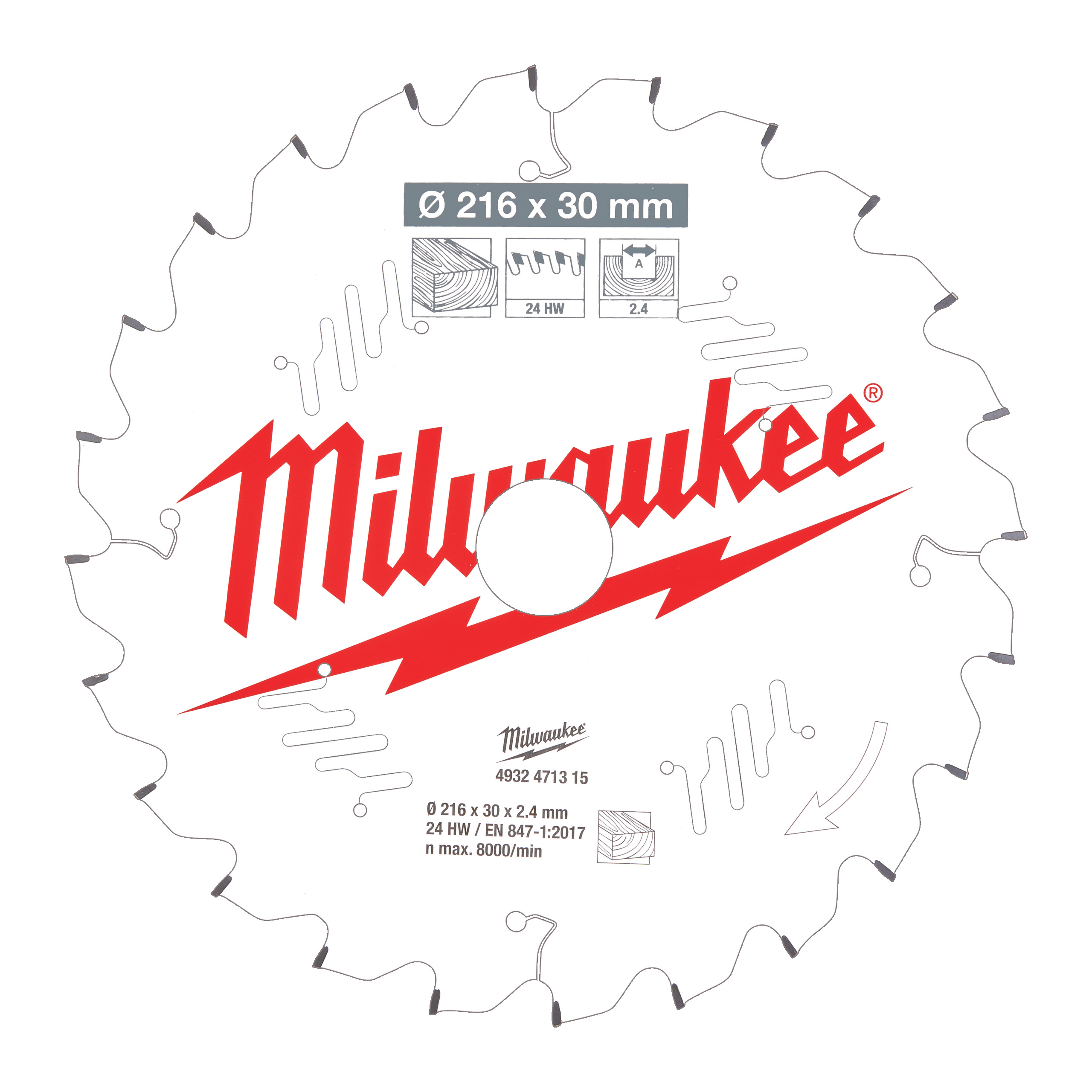 Milwaukee Zubehör 4932471315 Kreissägeblatt MS W 216x30x2,4x24ATB neg.