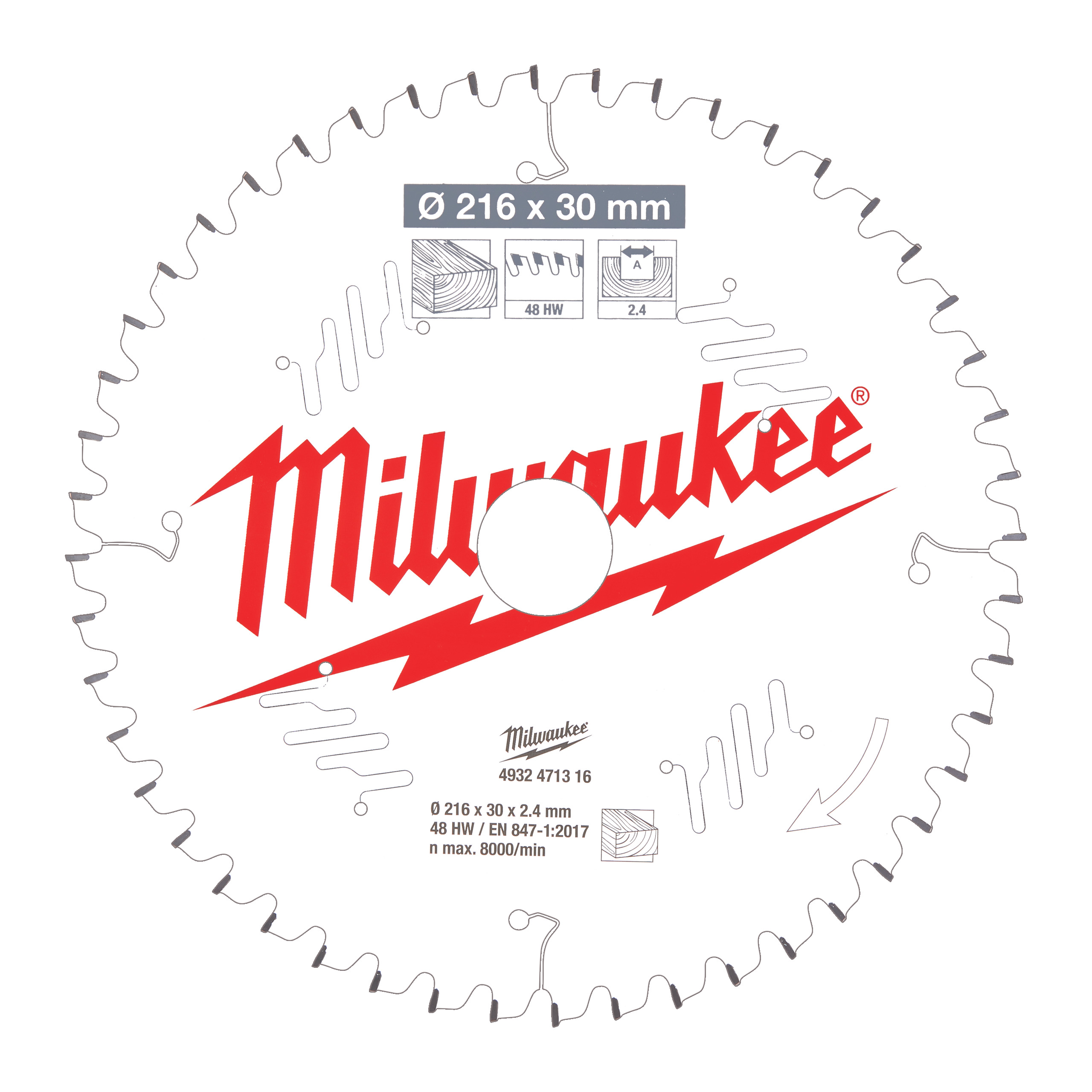 Milwaukee Zubehör 4932471316 Kreissägeblatt MS W 216x30x2,4x48ATB neg.