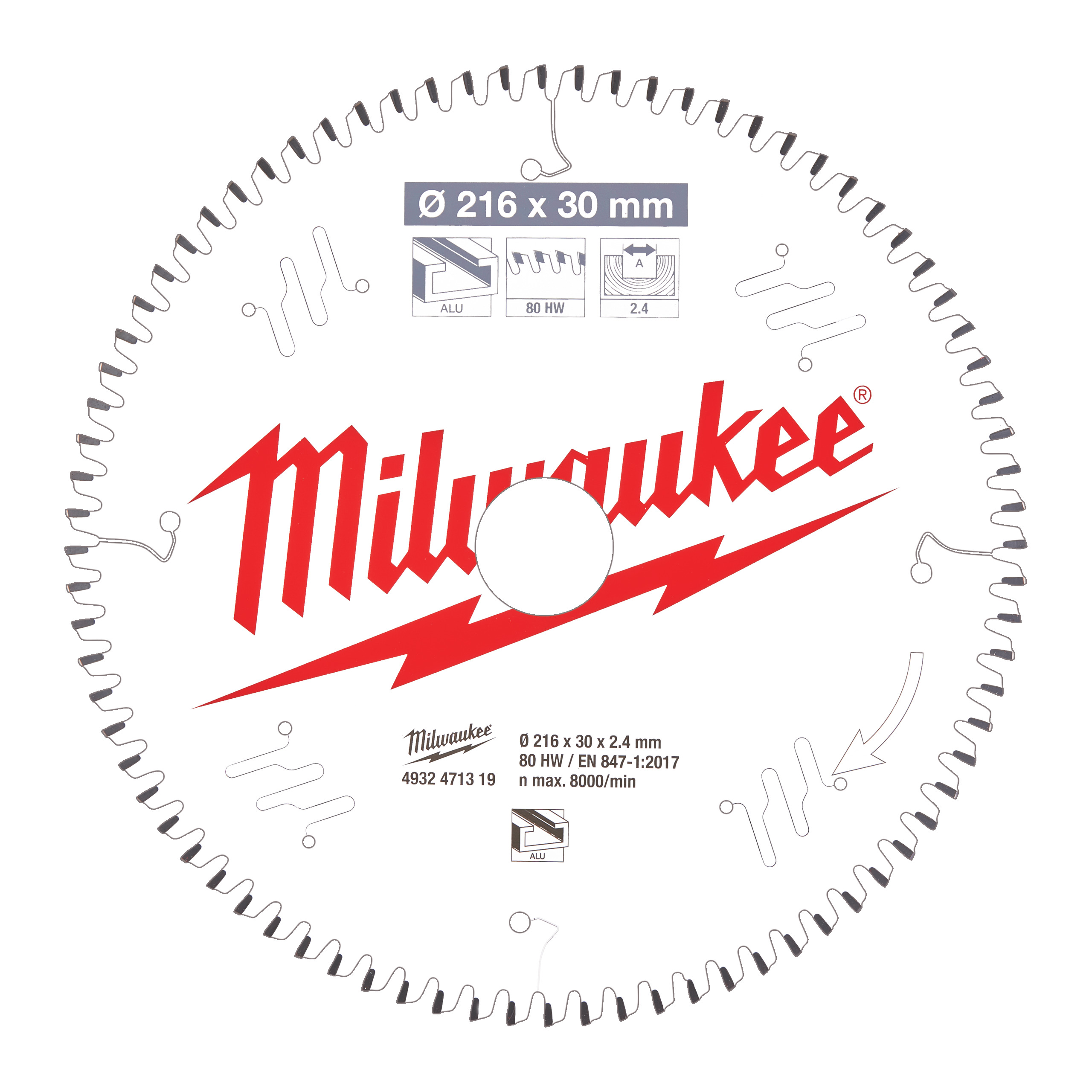 Milwaukee Zubehör 4932471319 Kreissägeblatt MS Alu216x30x2,4x80TF neg.