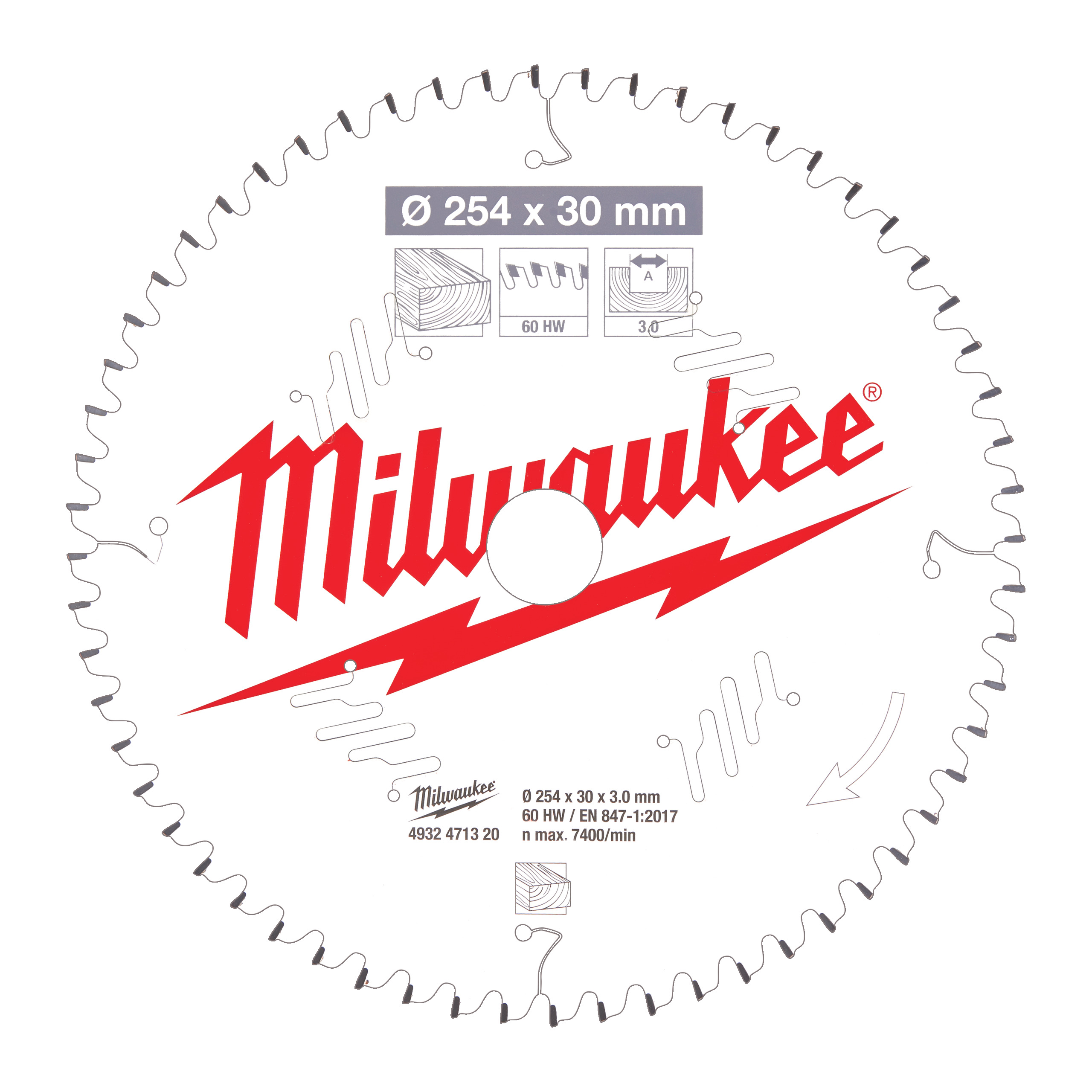 Milwaukee Zubehör 4932471320 Kreissägeblatt MS W 254x30x3,0x60ATB neg.