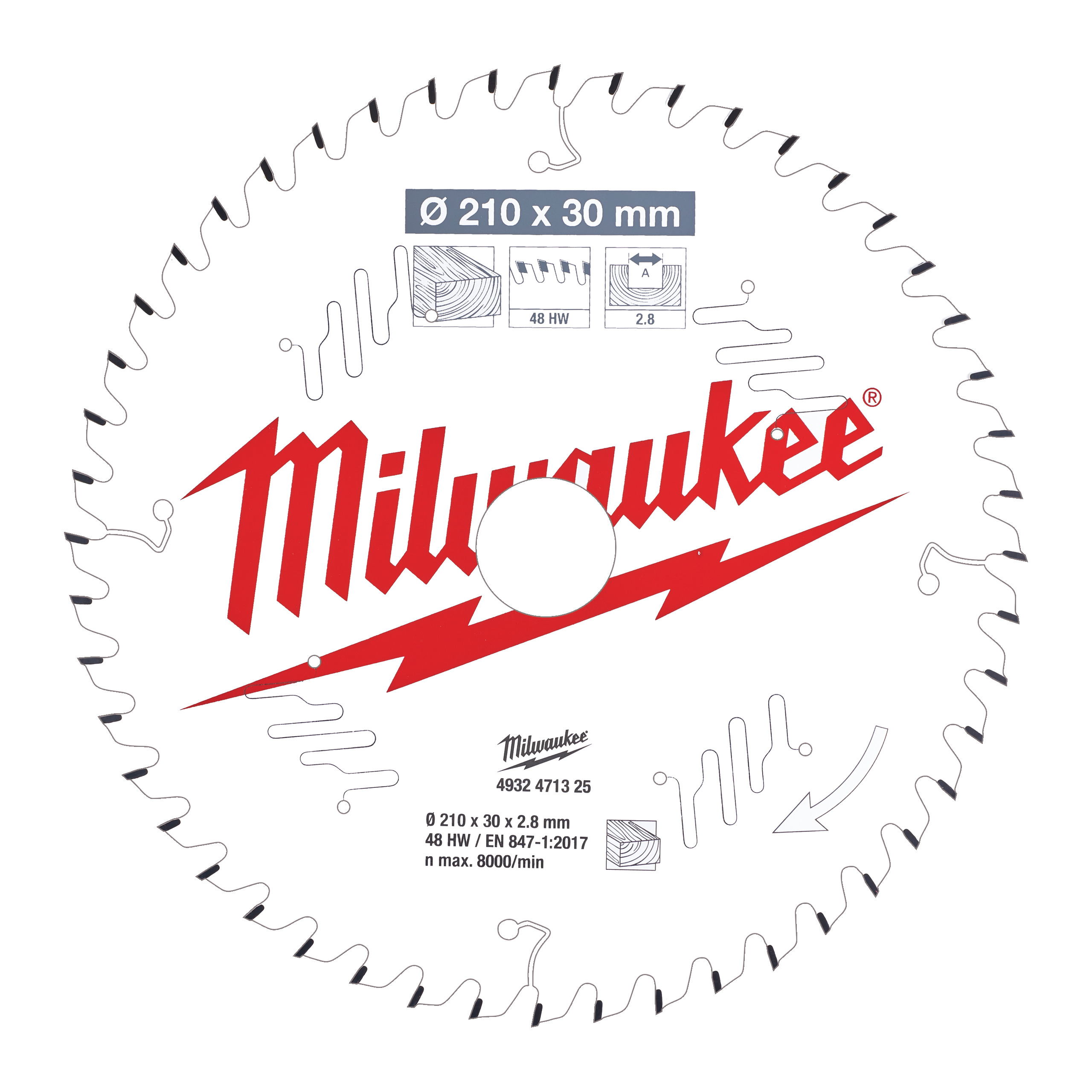 Milwaukee Zubehör 4932471325 Kreissägeblatt MS W 210x30x2,8x48ATB