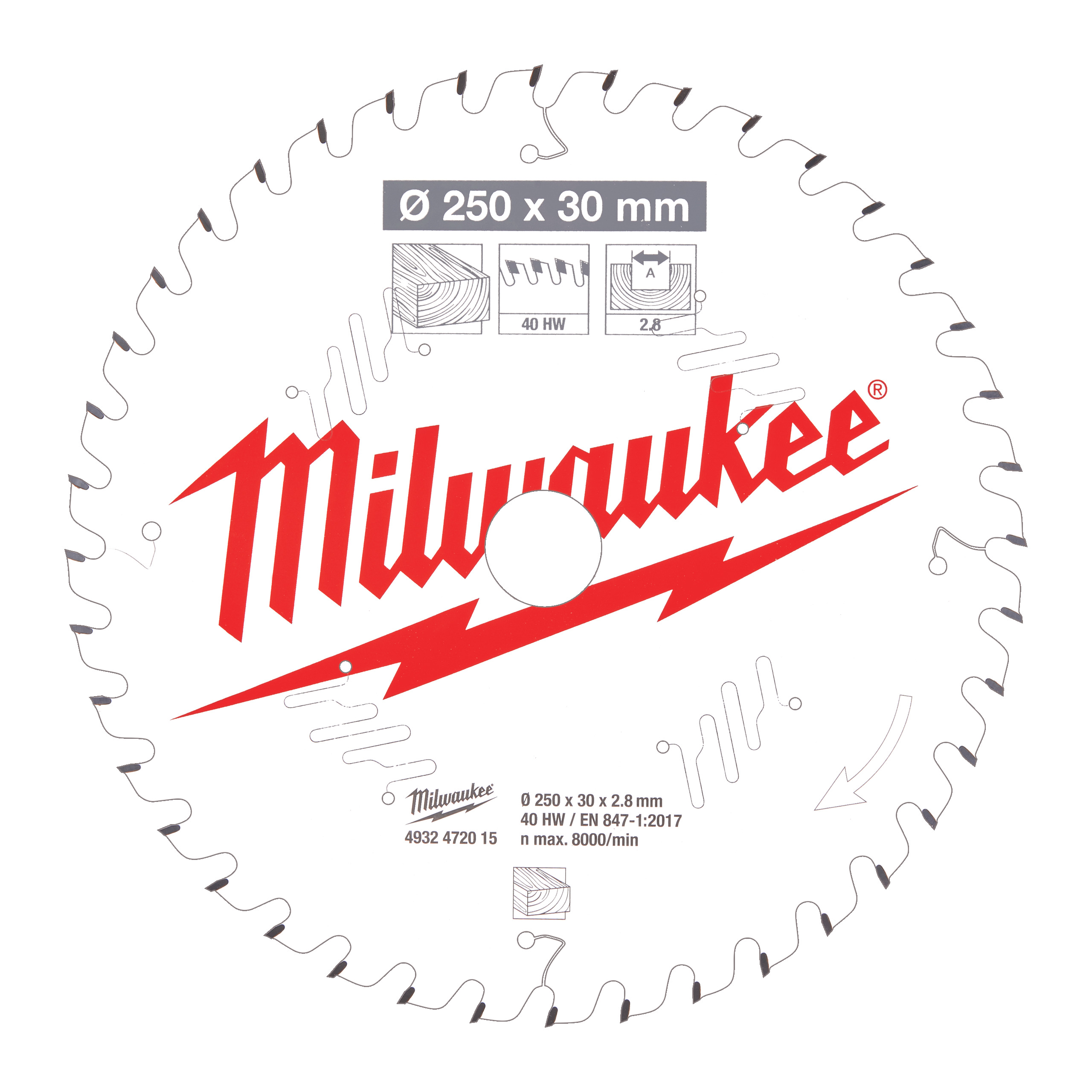 Milwaukee Zubehör 4932472015 Kreissägeblatt MS W 250x30x2,8x40ATB
