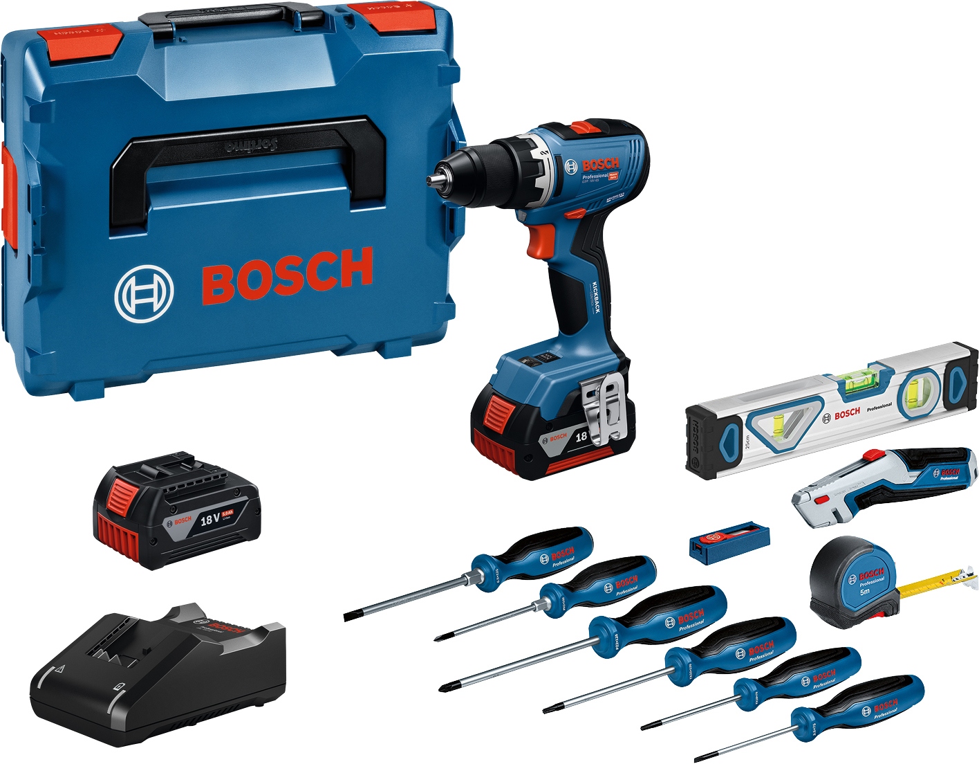 Bosch Blau 0615A5007K GSR 18V-65 Akkubohrmaschine 2x GBA 18V 5.0Ah Akku und Ladegerät GAL 18V-40 + Handwerkzeugset in L-Boxx