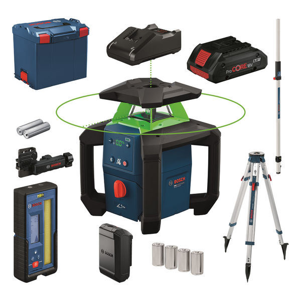 0615A500DH GRL 18V-4-34CVG Rotatielaserset met statief met LR45 laserontvanger + houder, BA 18–C batterij adapter 4x 1,5V LR2, 2x 1,5V LR6 batterijen en 1x ProCORE 18V 4.0 Ah accu en GAL18V-40 snellader