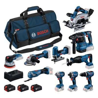 Bosch Blau 0615A500EH Akku-Werkzeugsatz 10 Maschinen 18V 3x 5.0Ah Akku und GAL12V/18V-80 Ladeger&auml;t in Werkzeugtasche