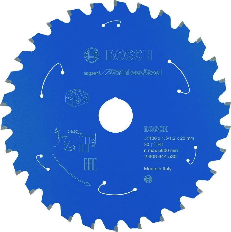 Bosch Blau Zubehör 2608644530 Hartmetall Kreissägeblatt Stainless Steel Expert für Akku-Sägen 136 x 20 x T30 2608644530