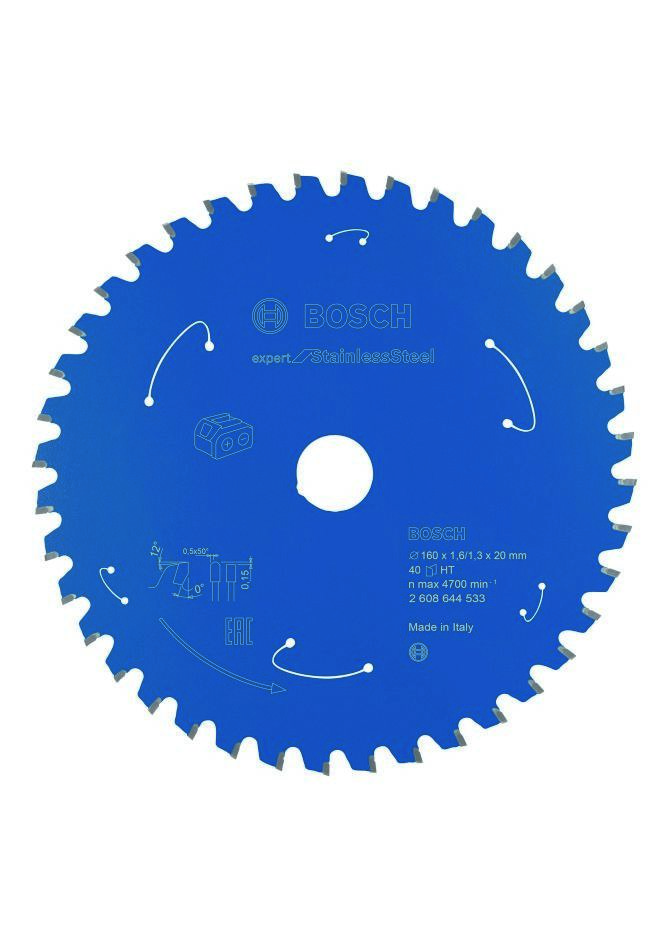 Bosch Blau Zubehör 2608644533 Hartmetall Kreissägeblatt Stainless Steel Expert für Akku-Sägen 160 x 20 x T40 2608644533