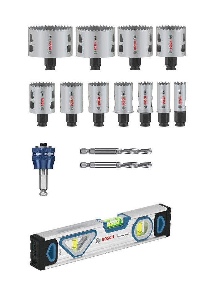 Bosch Blau Zubehör 061599769E Lochsägen-Set mit Wasserwaage, 14-teilig
