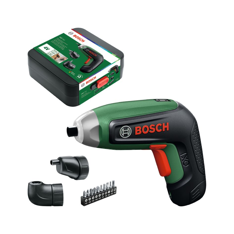 Bosch Gr&uuml;n 06039G4001 IXO 8 4V Akkuschrauber-Set 1x 4V Akku 2.0Ah mit Winkelaufsatz und Exzenteraufsatz + Bitsatz 10-teilig in Aufbewahrungsbox