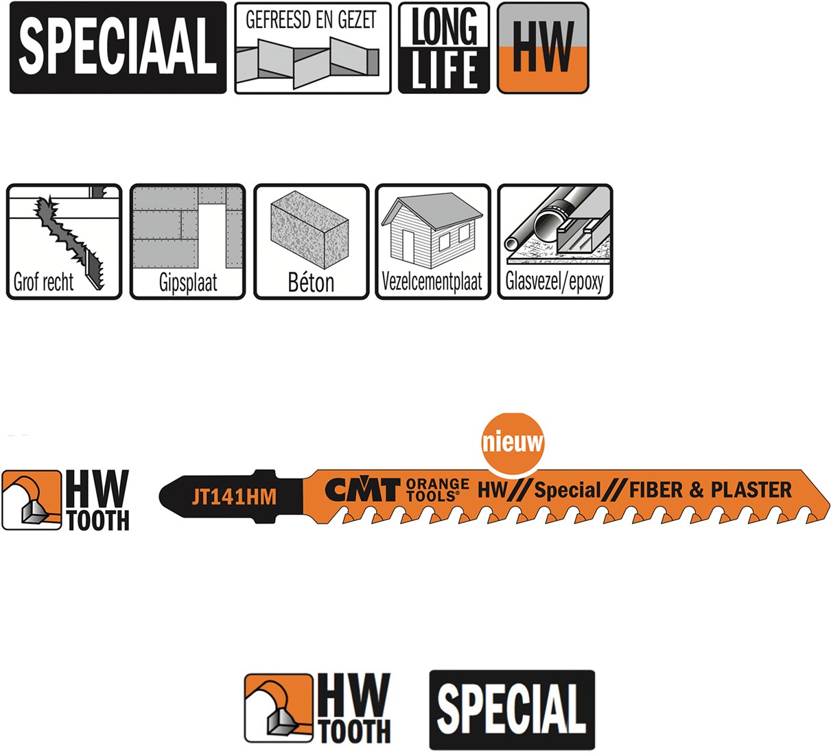 CMT JT141HM-3 Stichsägeblätter HM T-Shank 100mm Glasfaser, Kunststoff auf Gehrung, Epoxy 5-20mm, Eternit, MDF, HDF 3 Stück