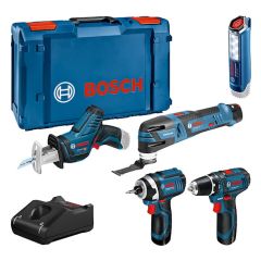 Bosch Blau 0615990N1D 5 Werkzeugsatz 12V - Akku-Bohrmaschine + Säbelsäge + Schlagschrauber + Multitool + Lampe 12V 3 x 2.0Ah in XL-Boxx