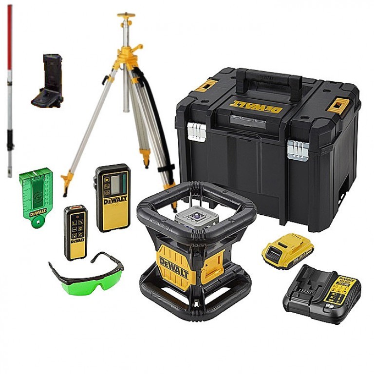 DeWalt DCE079D1G-SET 18V 2.0Ah Li-Ion Vollautomatischer grüner Rotationslaser (Outdoor) + Lineal + Stativ