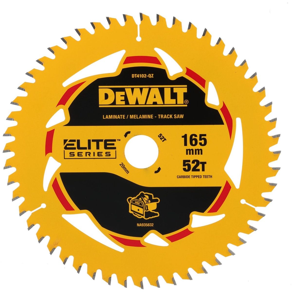 DEWALT Zubehör DT4102-QZ Kreissägeblatt, linksdrehend, 165 × 20 mm, 52 Zähne, ELITE, 5°, TCG, Schnittbreite 1,70 mm, Laminat