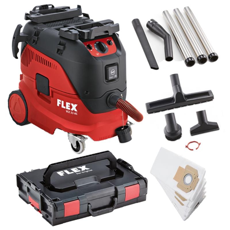 Flex-tools 471194 VCE 33 M AC Sicherheitssauger mit automatischer Filterabreinigung 30 l Klasse M + Reinigungsset in L-Boxx + 5 Filtersäcke