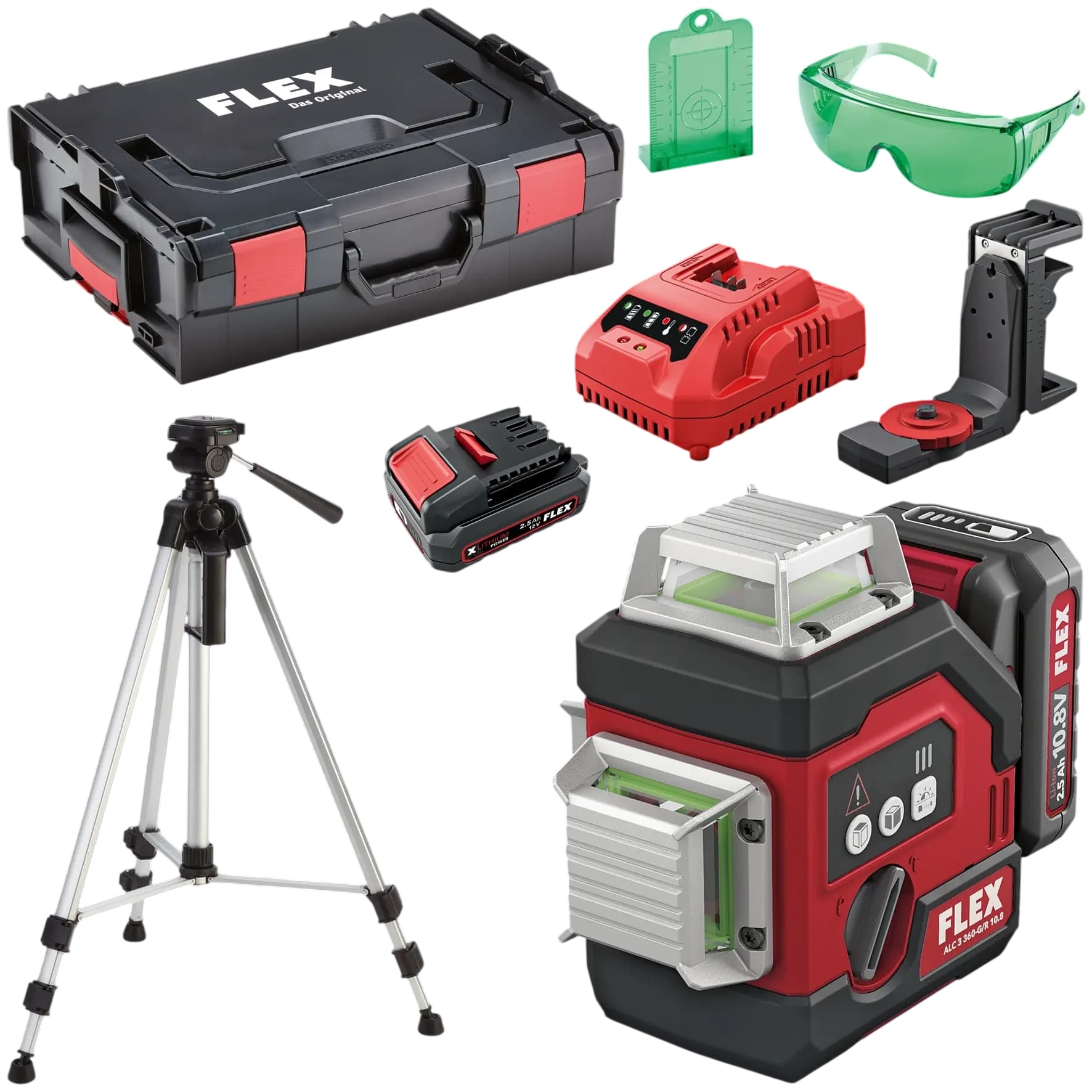 Flex-tools 536617 ALC 3/360-G/R 12 Set Kreuzlinienlaser 360° 12 V, 1 × 2,5 Ah im Koffer + Stativ