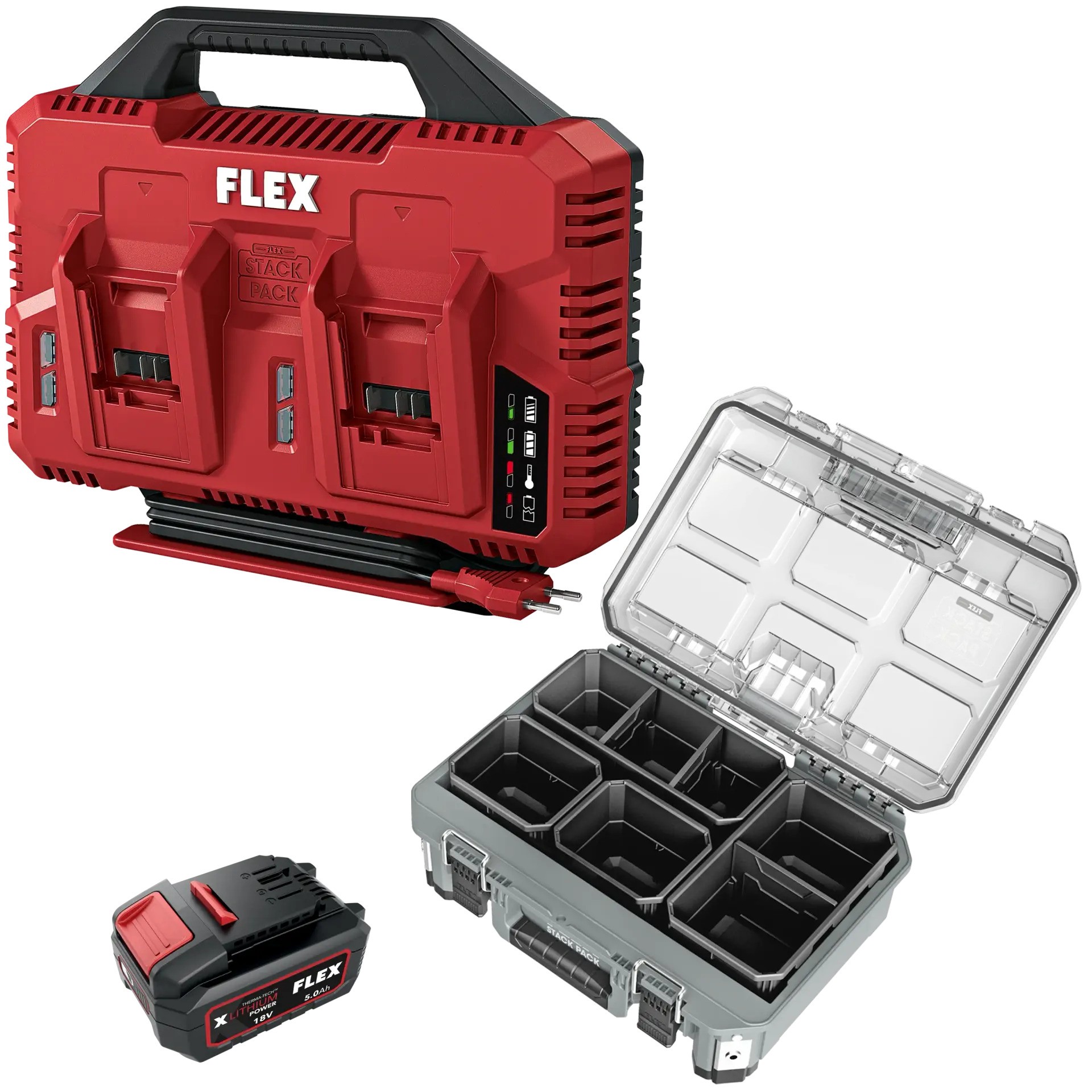 Flex-tools Zubehör 534492 CA SP 2x 12/18 + 4x AP 18/5.0 + TKL SP SO Dual Ladegerät + 4 x Batterie 18V 5.0Ah + Small Organizer Stack Pack