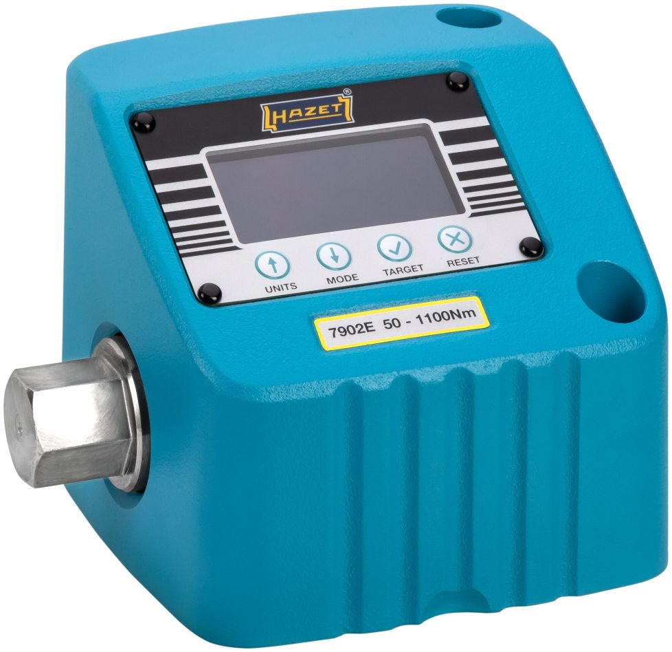 Hazet 7902E Elektronisches Drehmomentprüfgerät 50–1100 Nm Drehmomentbereich min–max: 50 – 1100 Nm 27 mm Außensechskant 160 mm × 120 mm × 132,5 mm