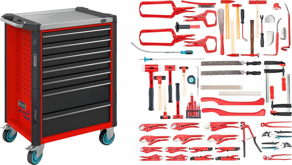 Hazet 179NX-7/65ALU Werkzeugwagen „Assistent 179NX“ + 65-teiliges Sortiment, 7 Schubladen (5x flach, 2x tief), ALU
