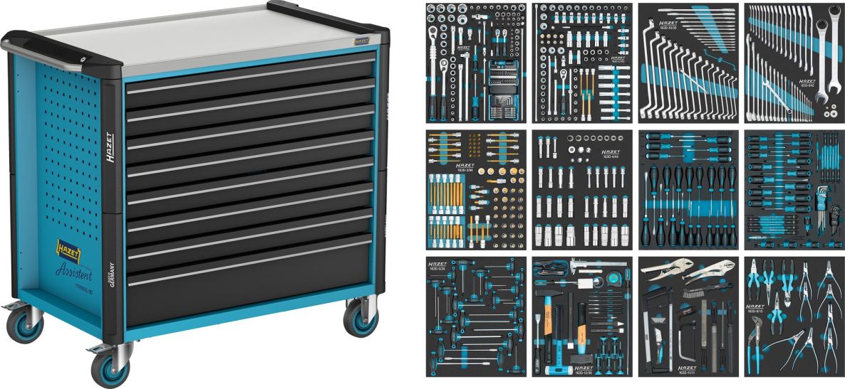 Hazet 179NXXL-8D/619 Werkzeugwagen „Assistent“ 179NXXL, extra tief + 619-teiliges Sortiment, 8 Schubladen (7x flach, 1x tief)