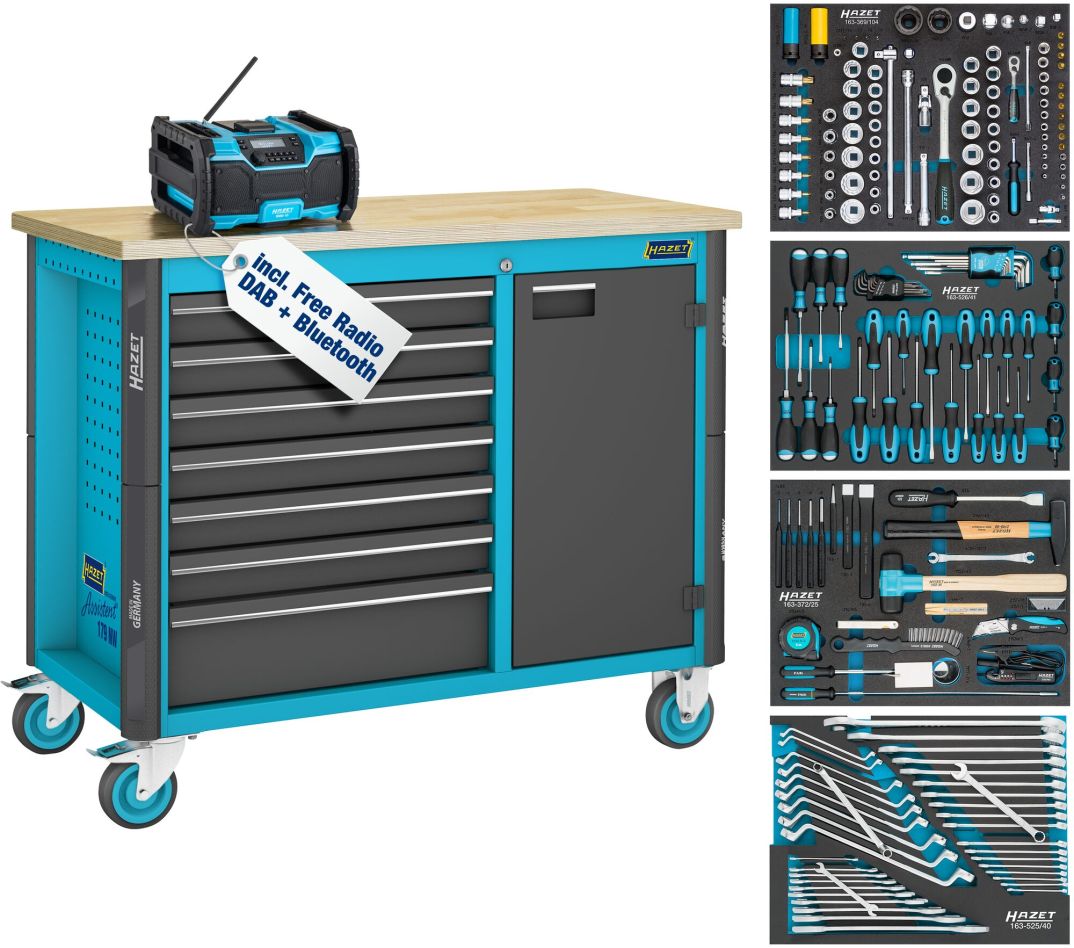 Hazet 179NW-7/210 Rollbare Werkbank „Assistent 179NW“ + 210-teiliges Sortiment, 7 Schubladen (6x flach, 1x tief)