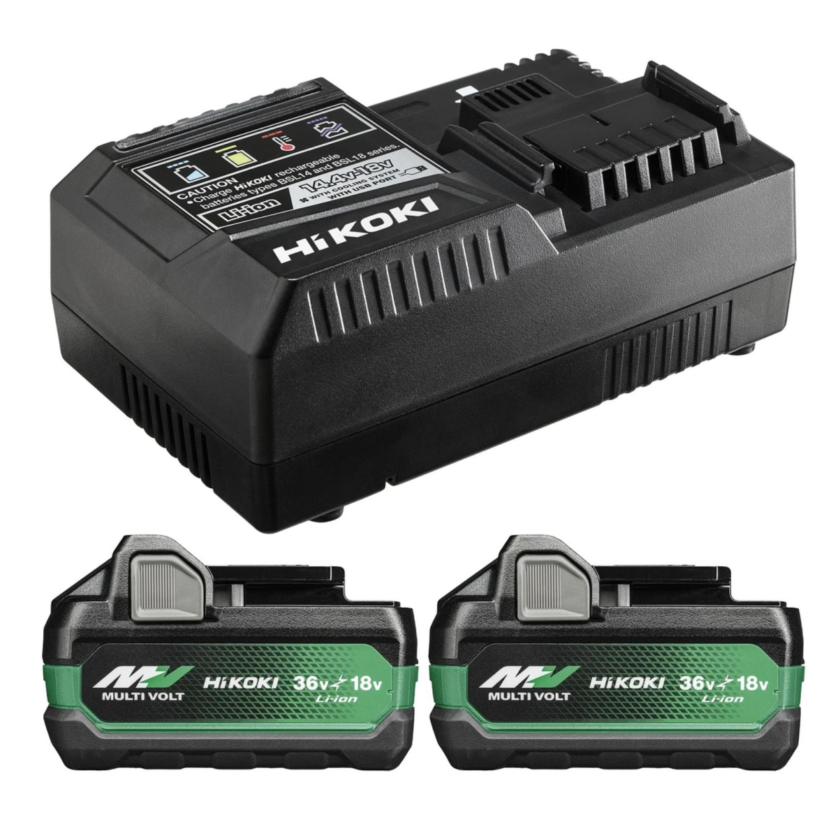 HiKOKI Zubehör UC18YSL3WJZ BoosterPack - 2 x BSL36B18X Multivolt Akku 36V 4.0Ah/ 18V 8.0Ah Li-Ion + UC18YSL3 Schnellladegerät