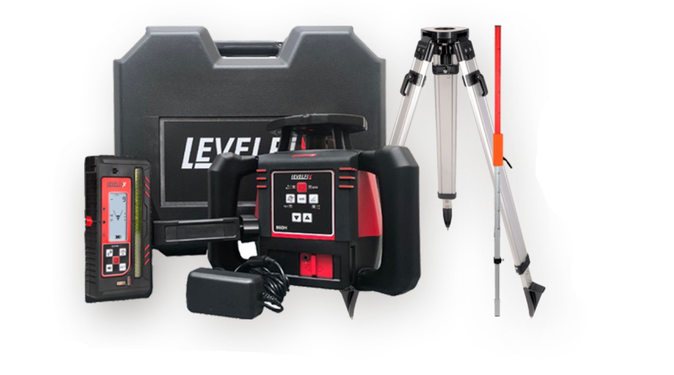 Levelfix 554811 860H Horizontaler roter Baulaser mit halbautomatischer Fase + Stativ 1,8m + Messlatte