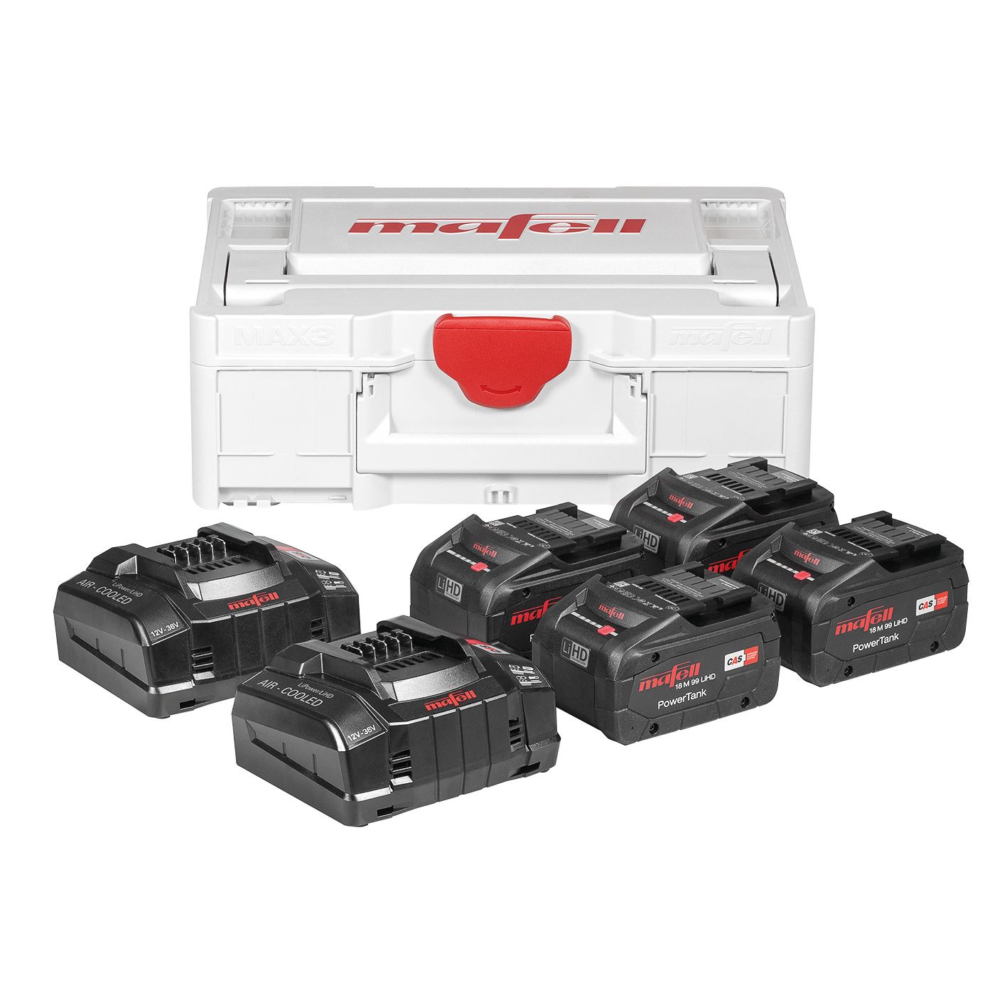 Mafell Zubehör 1P0503 Power-Set 5 – 4 x 18 M 99 LiHD-Akku 18 V, 5,5 Ah + 2 x APS M+ Schnellladegerät im Max3-Koffer