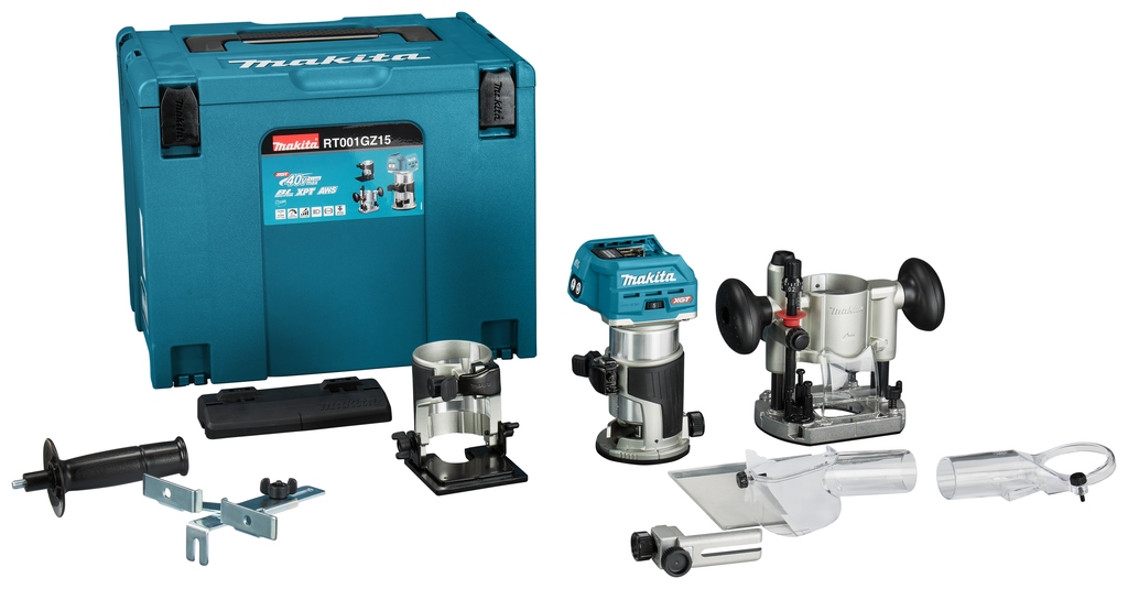 Makita RT001GZ15 Ober- und Kantenfräse 40V Max ohne Akkus und Ladegerät mit Zubehör und Führungsschienenadapter in MBox