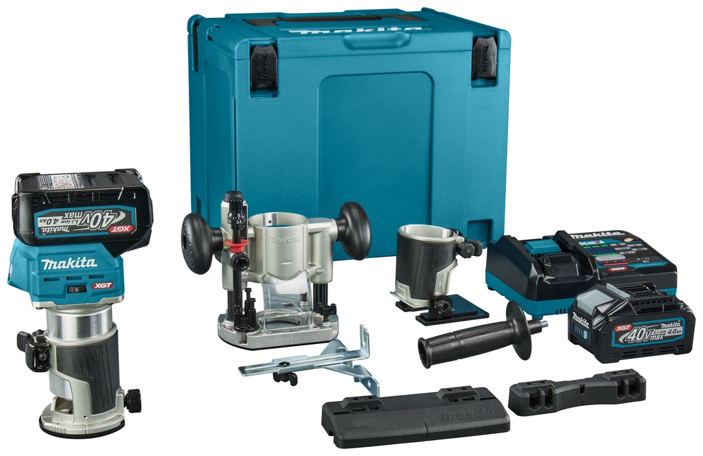 Makita RT001GM206 Ober- und Kantenfräse 40V Max 4.0Ah Li-Ion mit Zubehör und Führungsschienenadapter in MBox