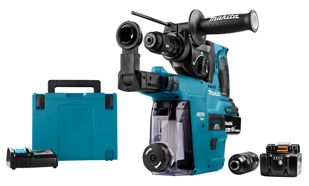 Makita DHR243RTJW Kombihammer 18 Volt 5.0 AH Li-Ion + DX07 eingebaute Absaugung mit Hepa-Filter