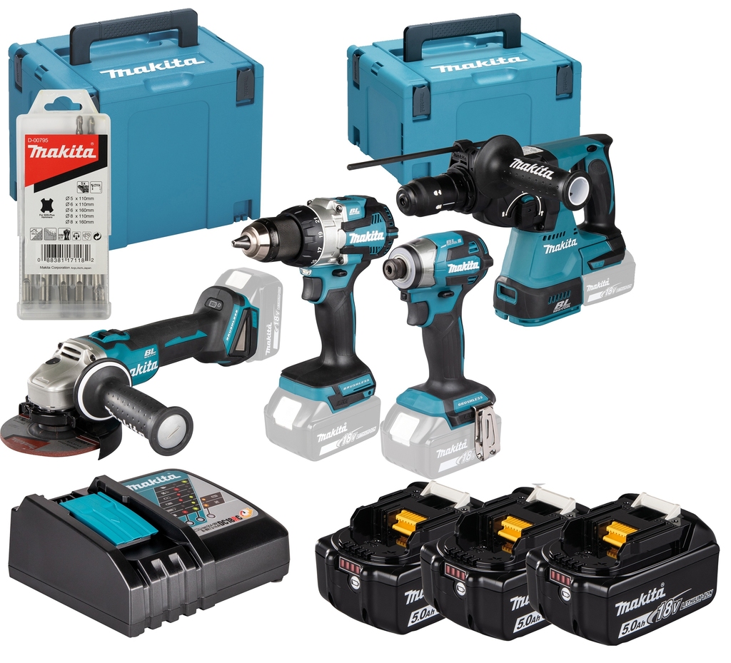 Makita DLX4196JX1 Kombiset DDF489|DTD173|DHR243|DGA504 18 V, 5,0 Ah Li-Ionen-Akku in M-Box