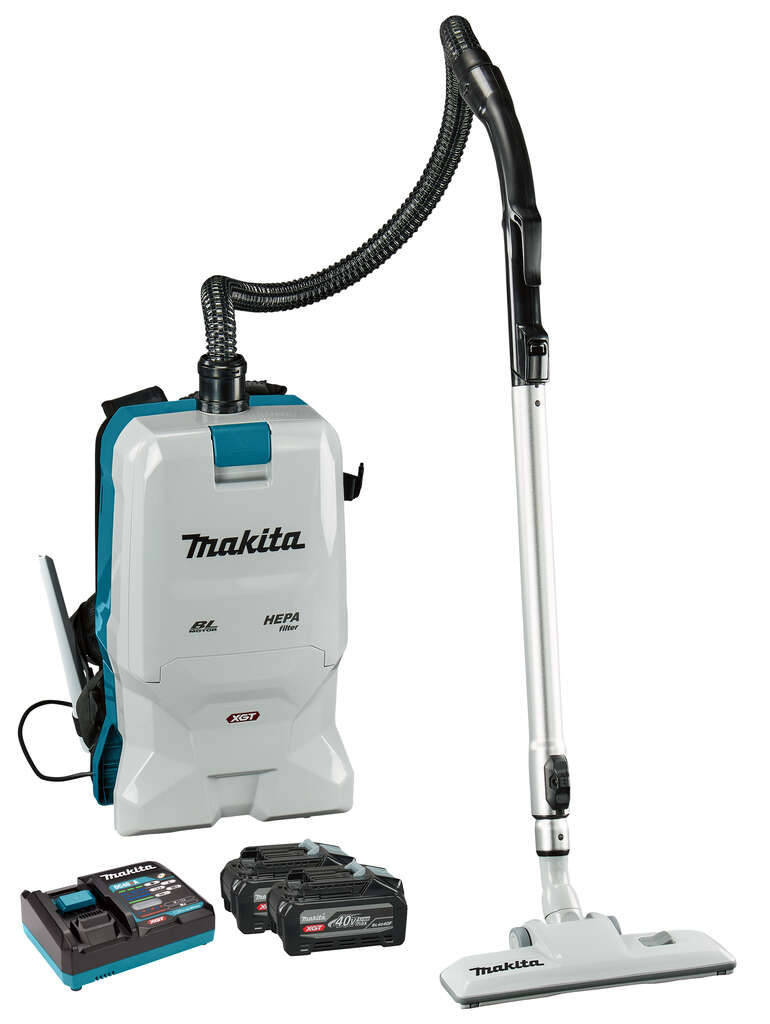Makita VC011GU202 XGT 40V Max Akku-R&uuml;ckenstaubsauger f&uuml;r Reinigungsarbeiten, mit 2 x 4,0 Ah BL4040F-Akkus und Schnellladeger&auml;t im Karton
