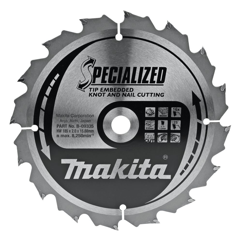 Makita Zubehör B-09335 Embedded Tip Kreissägeblatt Holz (Äste/Nägel) 185x15.88x2.0 16T 25g