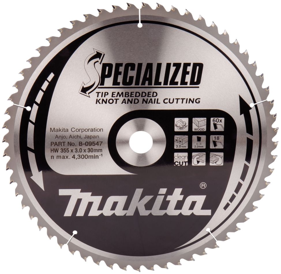 Makita Zubehör B-09547 Kreissägeblatt für Holz (astig/genagelt) Embedded Tip 355x30x3.0 60T 18g