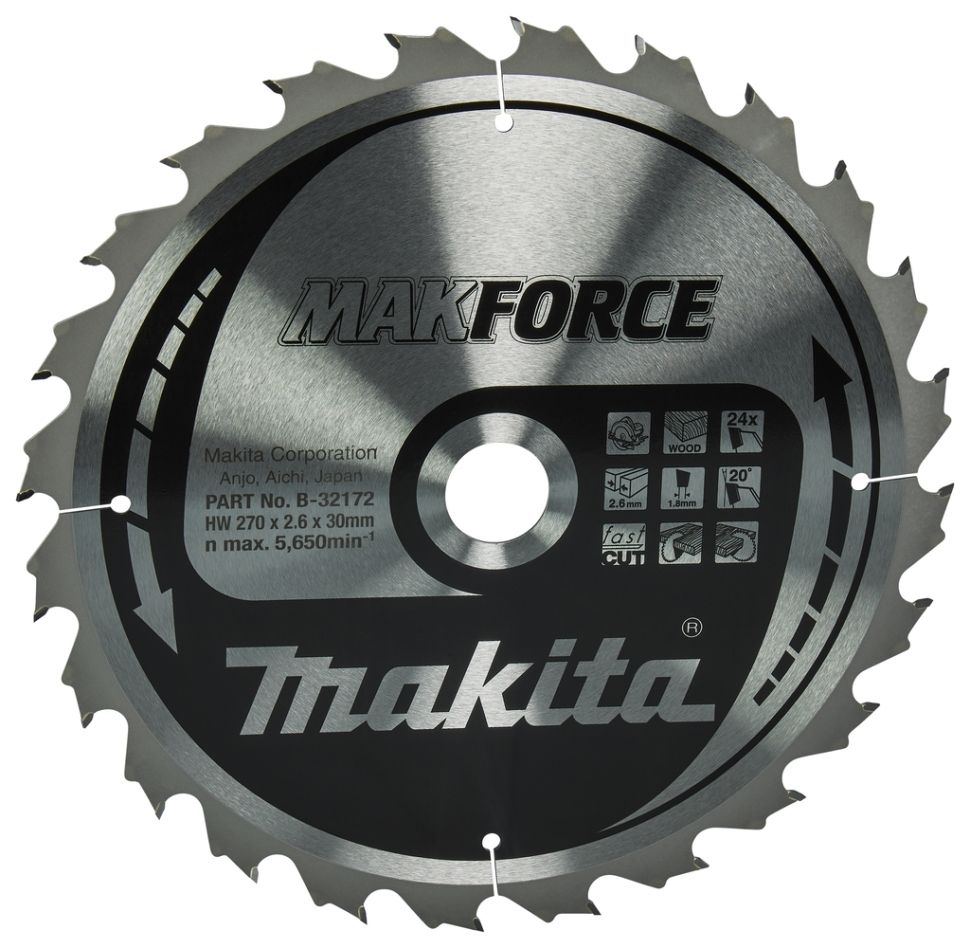 Makita Zubehör B-32172 Kreissägeblatt Holz ATB 270 x 30 x 2,6 mm T24