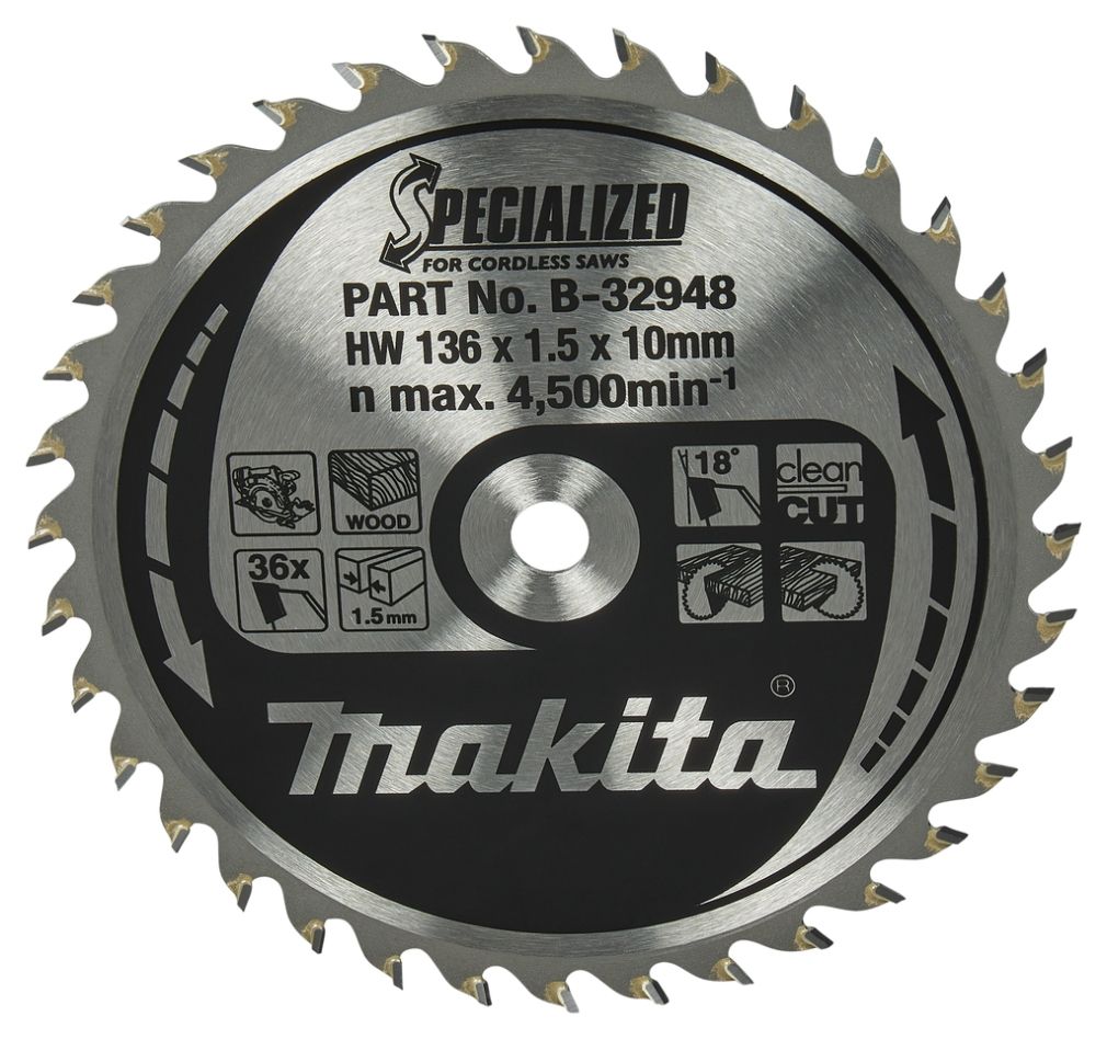 Makita Zubehör B-32948 Kreissägeblatt Spezialisiertes Holz ATAF 136 x 10 x 1,5 mm T36