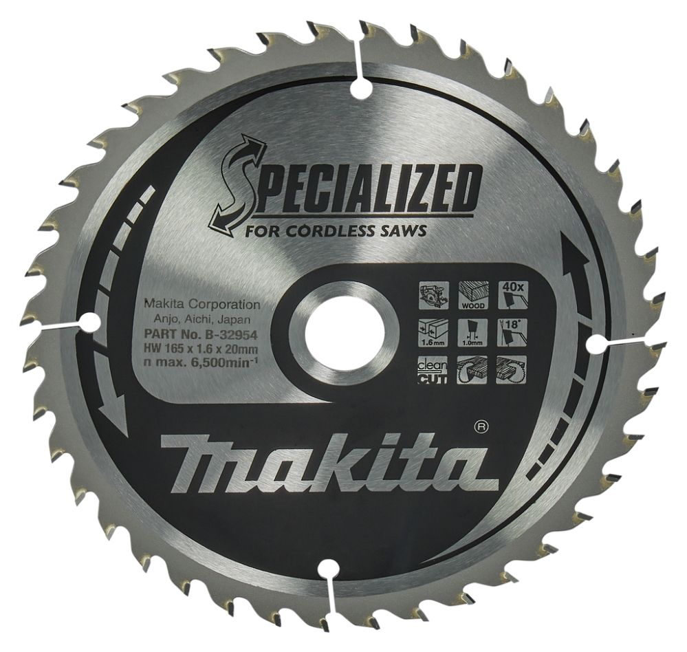 Makita Zubehör B-32954 Holzsägeblatt Spezialisiert 165x20x1.6 40T 18G
