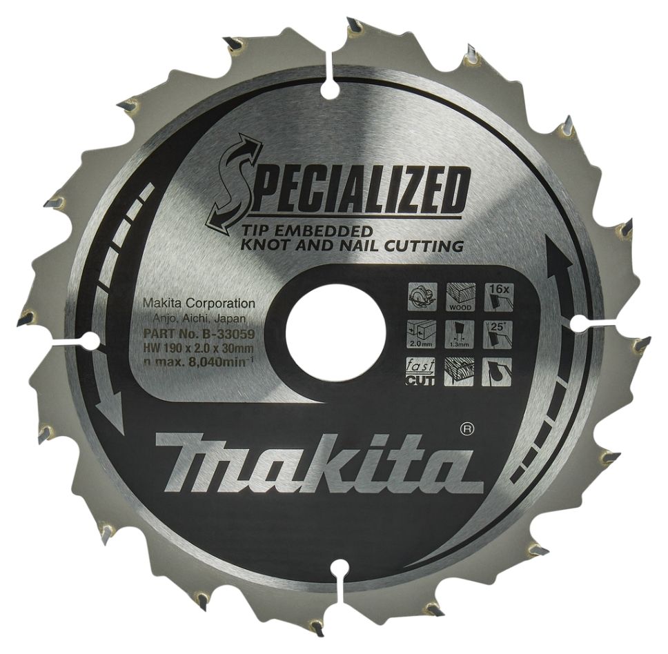 Makita Zubehör B-33059 Kreissägeblatt Embedded Tip Holzmuttern/Nagel ATB 190 x 30 x 2 mm T16