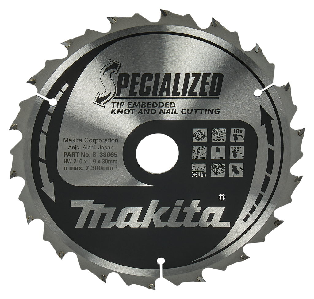 Makita Zubehör B-33065 Kreissägeblatt Holz (Ast/Nagel) Embedded Tip 210x30x1.9 18T 25g