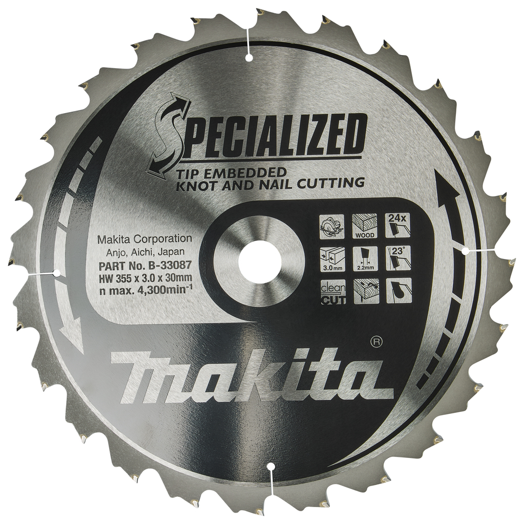 Makita Zubehör B-33087 Kreissägeblatt Holz (Ast/Nagel) Embedded Tip 355x30x3,0 24T 23g