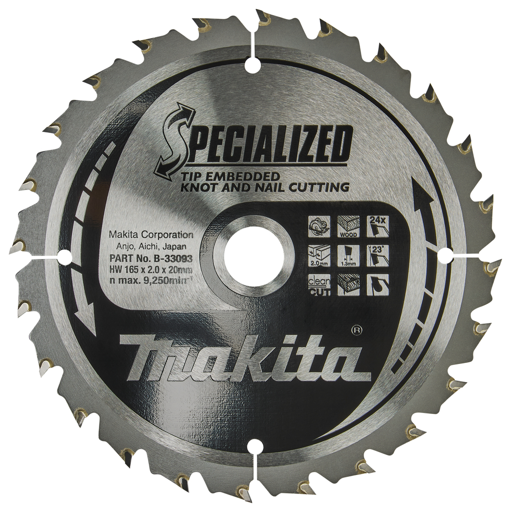 Makita Zubehör B-33093 Kreissägeblatt Holz (Äste/Nägel) Spezialisiert 165x20x2,0 24T 23g