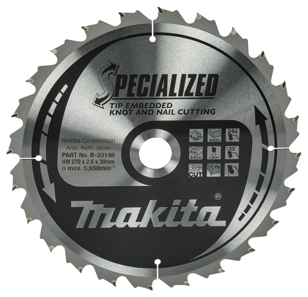 Makita Zubehör B-33146 Spezialsägeblatt für Holz 270 x 30 x 2,6 mm 24T
