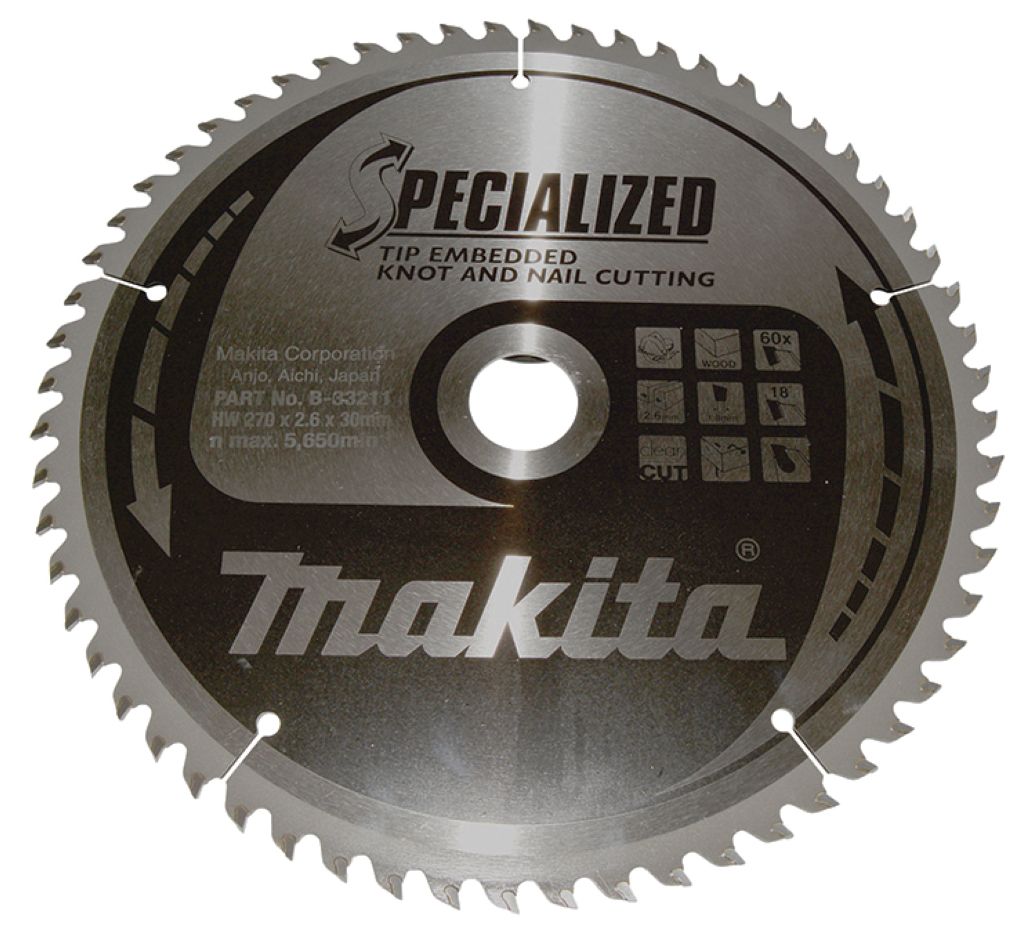 Makita Zubehör B-33211 Kreissägeblatt Embedded Tip Holz (Äste/Nägel) 270x30x2.6 60T 18g