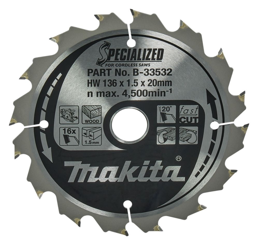 Makita Zubehör B-33532 Kreissägeblatt Spezialisiertes Holz ATAF 136 x 20 x 1,5 mm T16