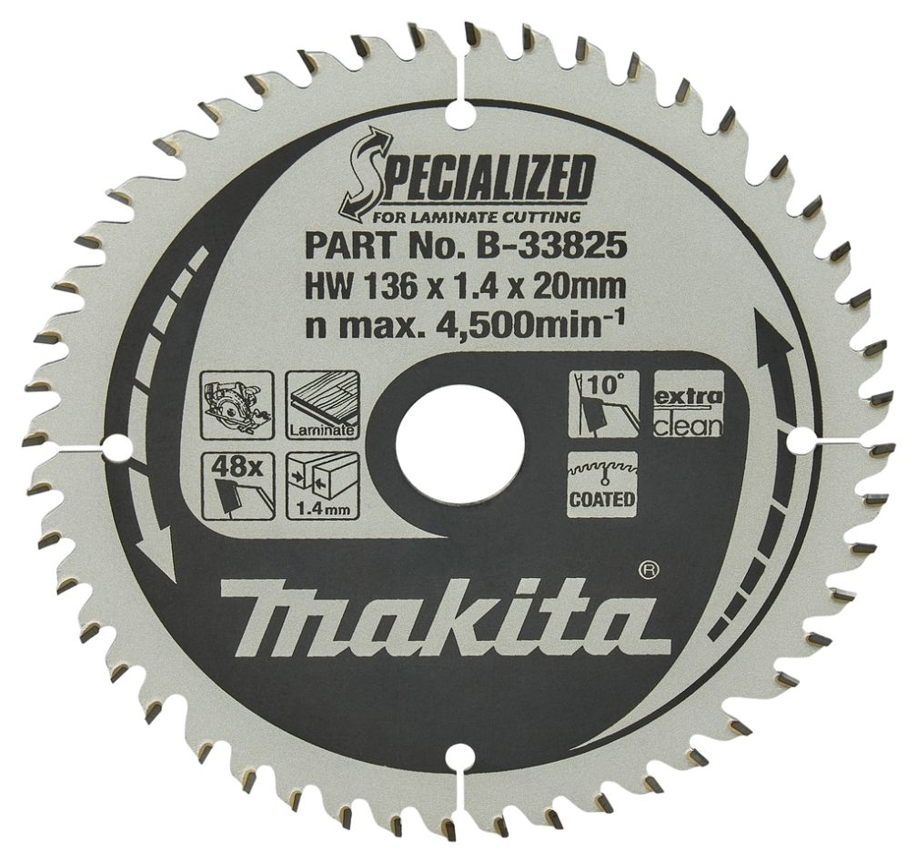 Makita Zubehör B-33825 Kreissägeblatt Spezialisiertes Laminat ATAF 136 x 20 x 1,45 mm T48