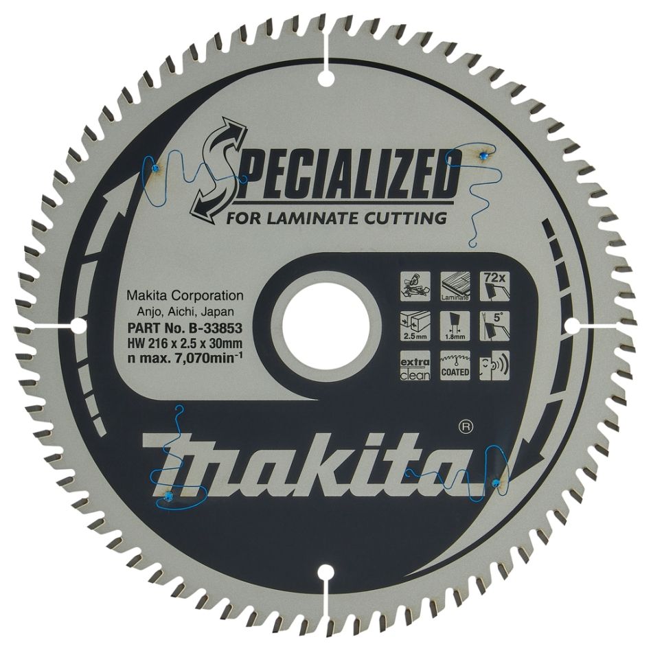 Makita Zubehör B-33853 Trennsägeblatt Spezialisiertes Laminat TCG 216 x 30 x 2,5 mm T72