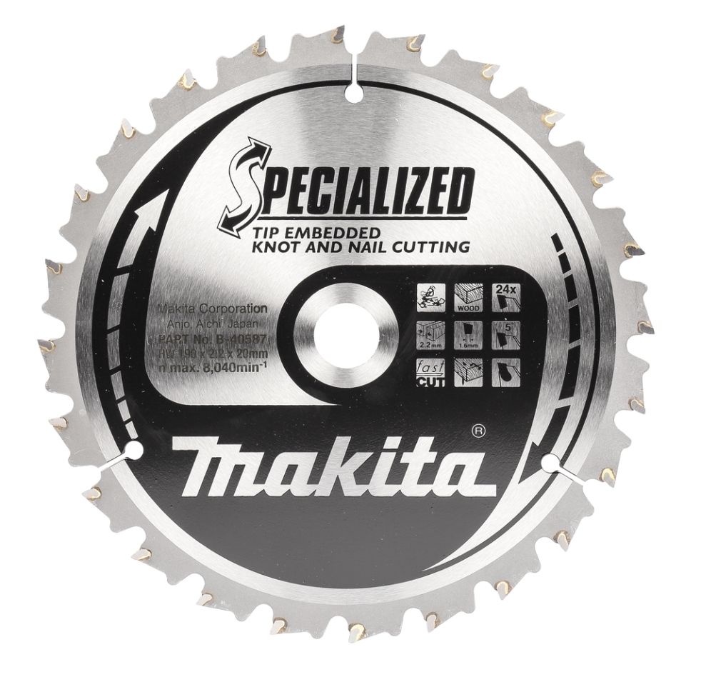 Makita Zubehör B-40587 Kappsägeblatt für Holz (astig/genagelt) Embedded Tip 190x20x2,2 24T 5g