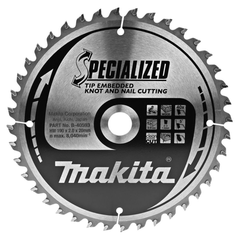 Makita Zubehör B-40593 Kappsägeblatt für Holz (astig/genagelt) Embedded Tip 190x20x2,2 40T 5g