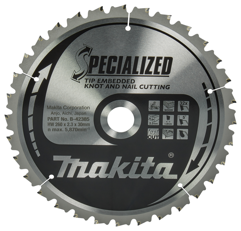 Makita Zubehör B-42385 Trennsägeblatt Holz (Ast/Nagel) Embedded Tip 260x30x2,3 32T 5g